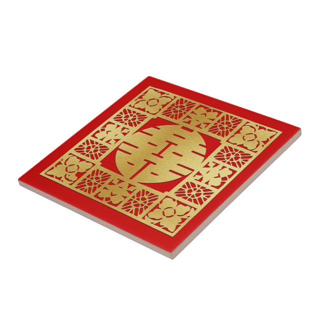 Red & Gold Chinese Double Happiness Tiles (Side)