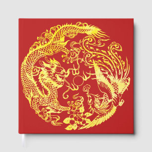 Red gold Chinese Dragon and Phoenix logo wedding Guest Book