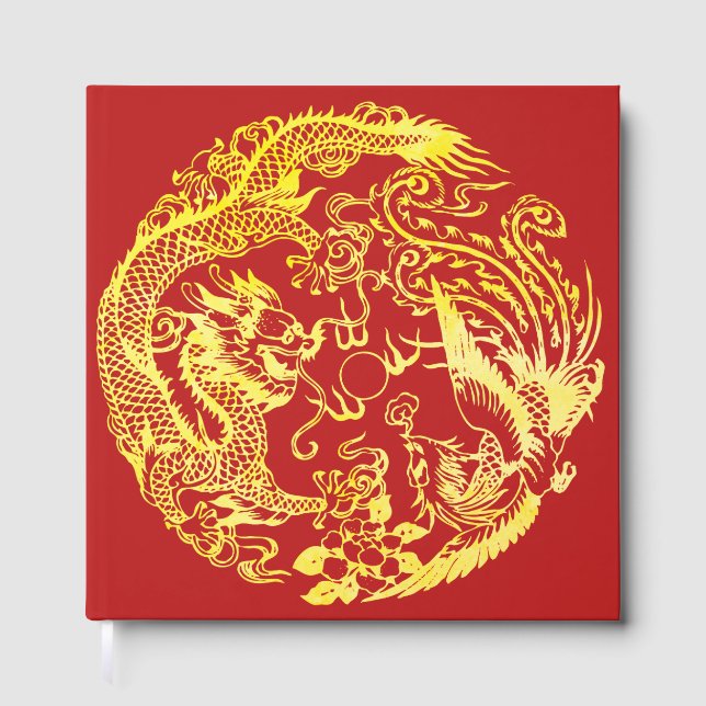 Red gold Chinese Dragon and Phoenix logo wedding Guest Book (Front)