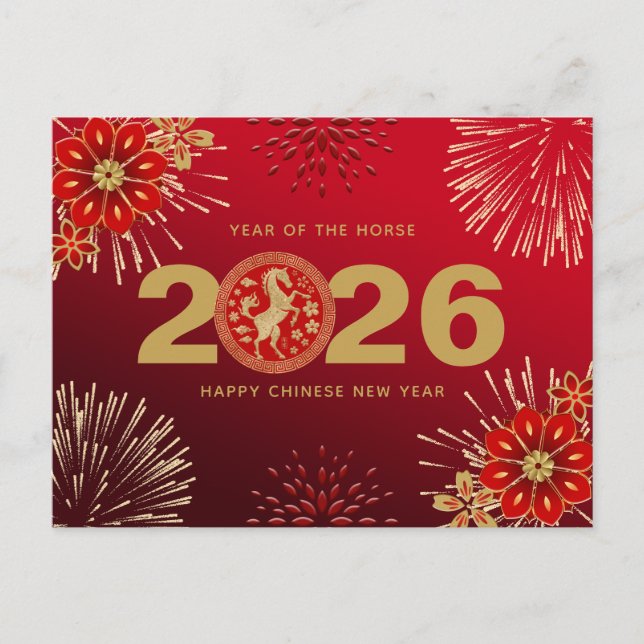 Red Gold Chinese New Year of the Horse Holiday Postcard (Front)