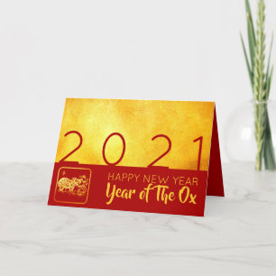 Red Gold Chinese Ox paper-cut 2021 greeting C Holiday Card
