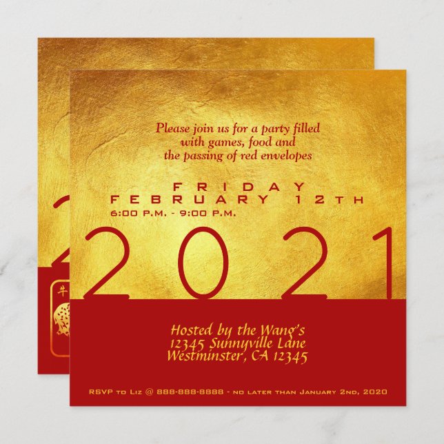 Red Gold Chinese Ox paper-cut 2021 Party Sq Inv Invitation (Front/Back)