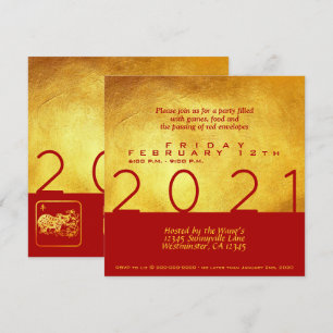 Red Gold Chinese Ox paper-cut 2021 Party Sq Inv Invitation
