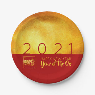 Red Gold Chinese Ox paper-cut 2021 PP Paper Plate