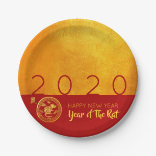 Red Gold Chinese Rat paper-cut 2020 Party PP Paper Plate