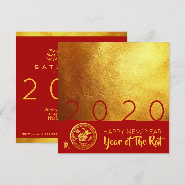 Red Gold Chinese Rat paper-cut 2020 Party SC Invitation (Front/Back)