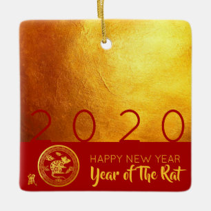 Red Gold Chinese Rat paper-cut 2020 SqCO Ceramic Ornament