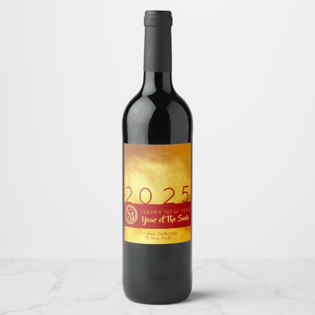 Red Gold Chinese Snake paper-cut 2025 personalised Wine Label (Front)