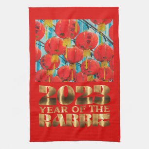 Red Gold Chinese Water Rabbit New Year Tea Towel