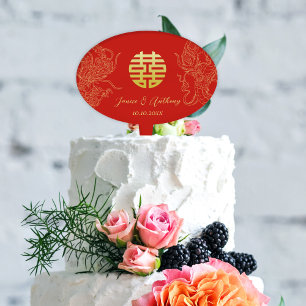 Red gold Chinese wedding dragon and phoenix Cake Pick