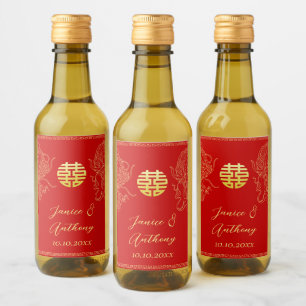 Red gold Chinese wedding dragon and phoenix Wine Label