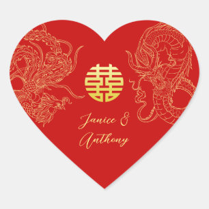 Red gold Chinese wedding dragon phoenix Heart Sticker