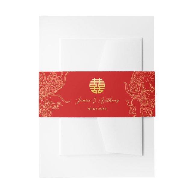 Red gold Chinese wedding dragon phoenix Invitation Belly Band (Front Example)