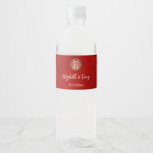 Red Gold Chinese Wedding Water Bottle Label