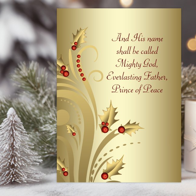 Red Gold Christian Christmas Cards (Christian Christmas card with elegant gold holly swirl and scriptures.)