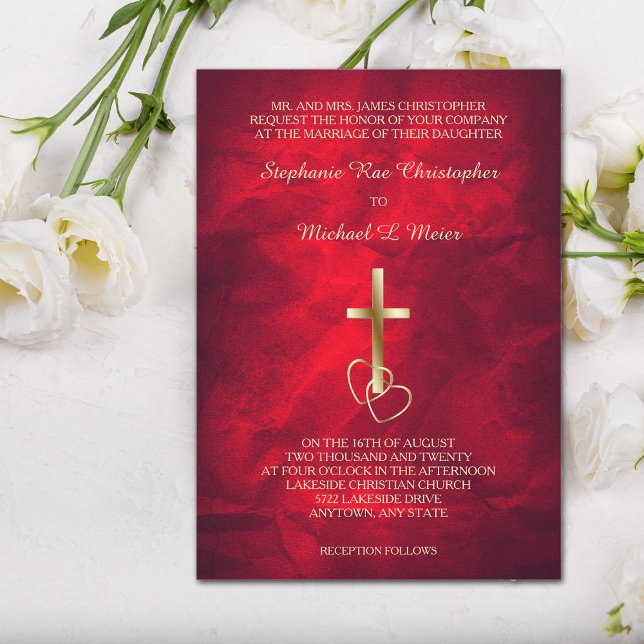 Red Gold Christian Cross Wedding Invitation (Creator Uploaded)