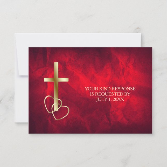 Red Gold Christian Cross Wedding RSVP Card (Front)