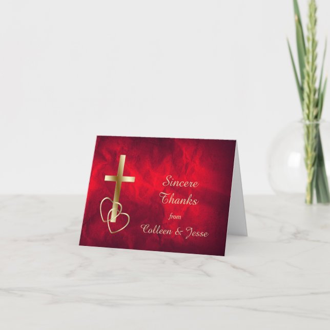 Red Gold Christian Cross Wedding Thank You Card (Front)