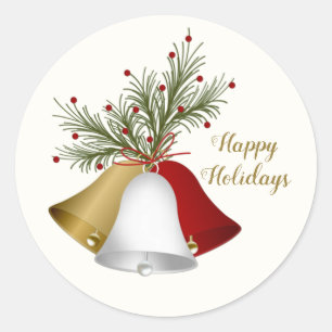 Red & gold Christmas bells, pine Classic Round Sticker