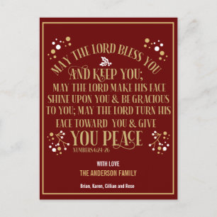 Red Gold Christmas Blessing Numbers 6:24-26  2020 Holiday Postcard