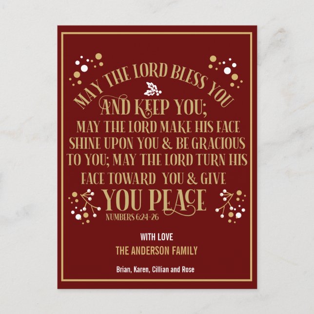 Red Gold Christmas Blessing Numbers 6:24-26  2020 Holiday Postcard (Front)