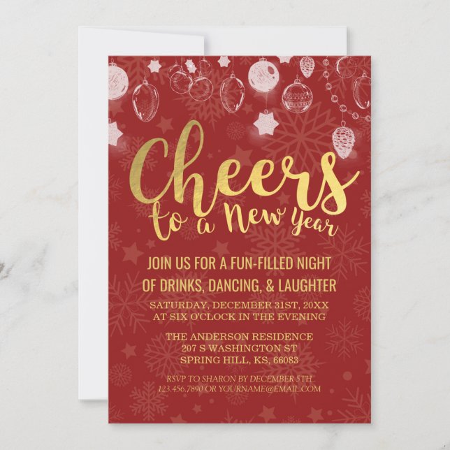 Red & Gold Christmas / Cheers New Year's Eve Party Invitation (Front)