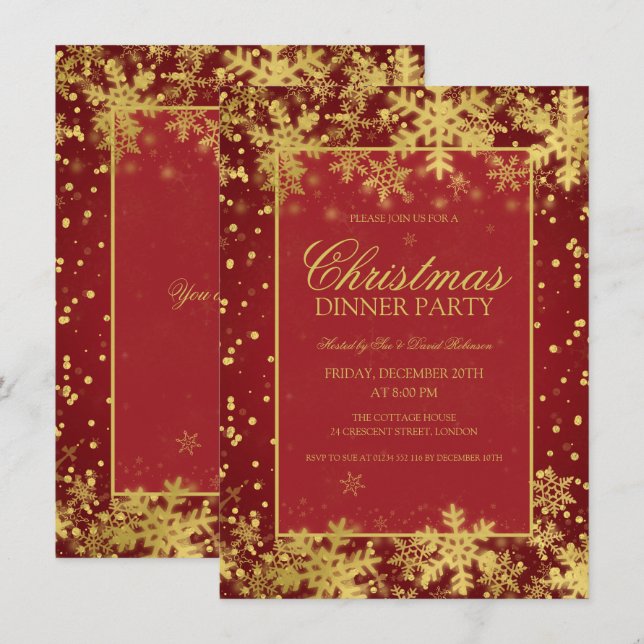 Red Gold Christmas Dinner Party Winter Snowflakes Invitation (Front/Back)