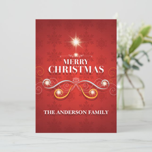 Red gold Christmas family wishes elegant chic tree Holiday Card (Standing Front)