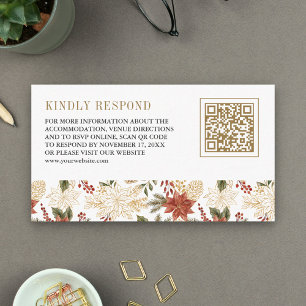 Red Gold Christmas Floral QR Code Wedding RSVP Enclosure Card
