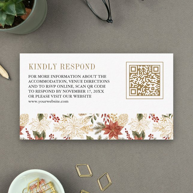 Red Gold Christmas Floral QR Code Wedding RSVP Enclosure Card (Creator Uploaded)