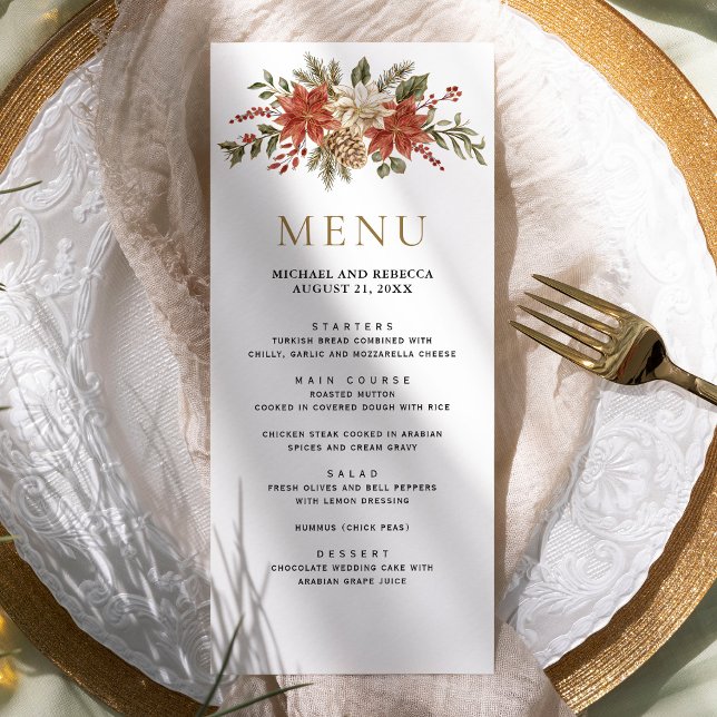 Red Gold Christmas Floral Wedding Menu (Creator Uploaded)