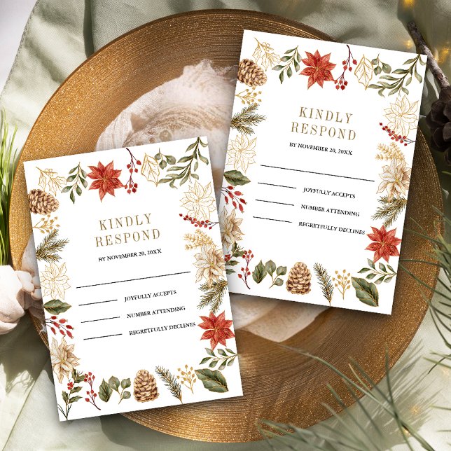Red Gold Christmas Floral Wedding RSVP Card (Creator Uploaded)