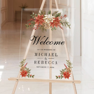 Red Gold Christmas Floral Wedding Welcome Acrylic Sign