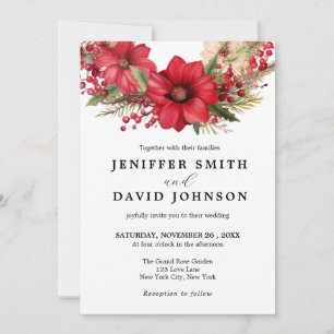 Red Gold Christmas Floral White Wedding Invitation