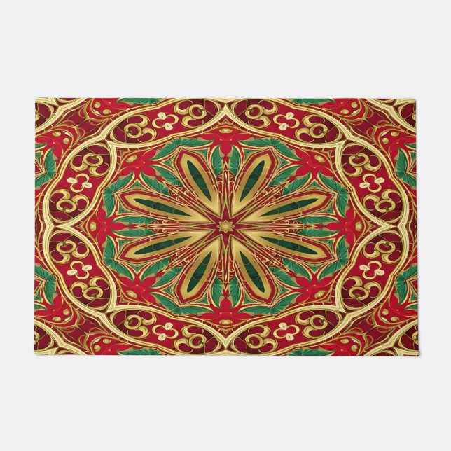 Red Gold Christmas Holiday Doormat (Front)