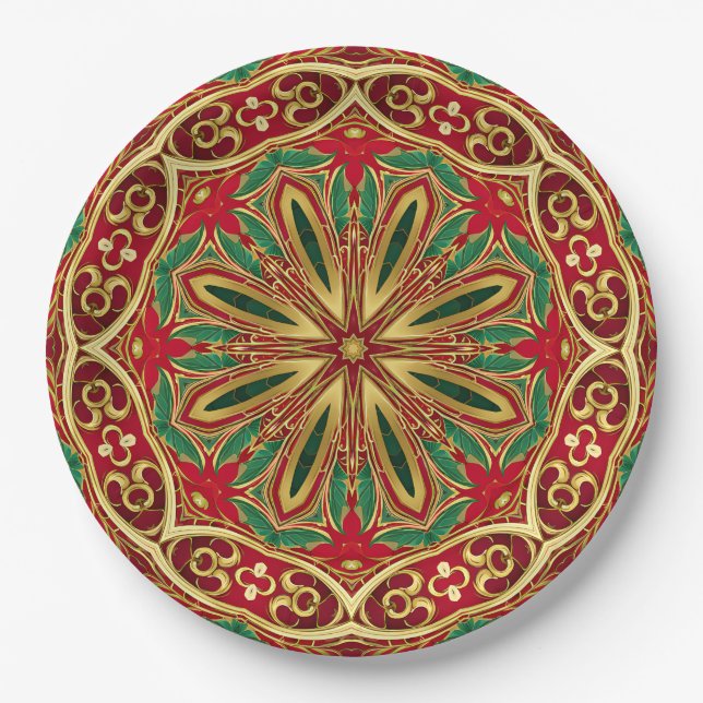 Red Gold Christmas Holiday Paper Plate (Front)