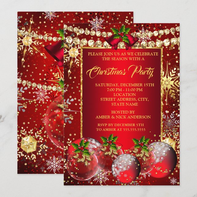 Red Gold Christmas Holiday Party Baubles Holly  Invitation (Front/Back)