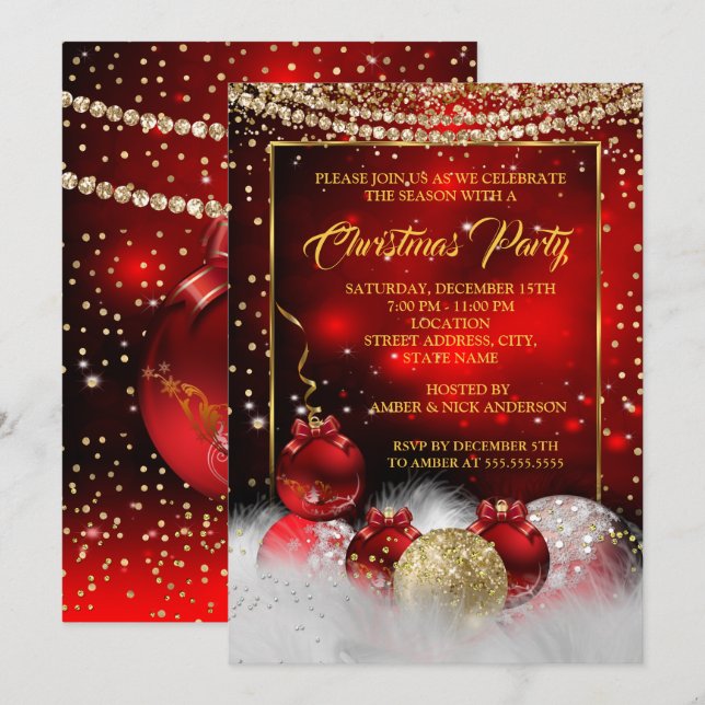 Red Gold Christmas Holiday Party Snow Invitation (Front/Back)
