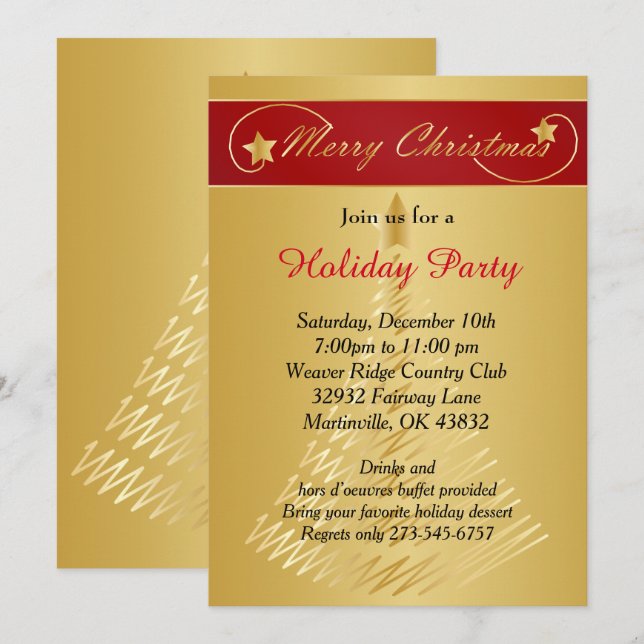 Red Gold Christmas Holiday Tree Invitation (Front/Back)