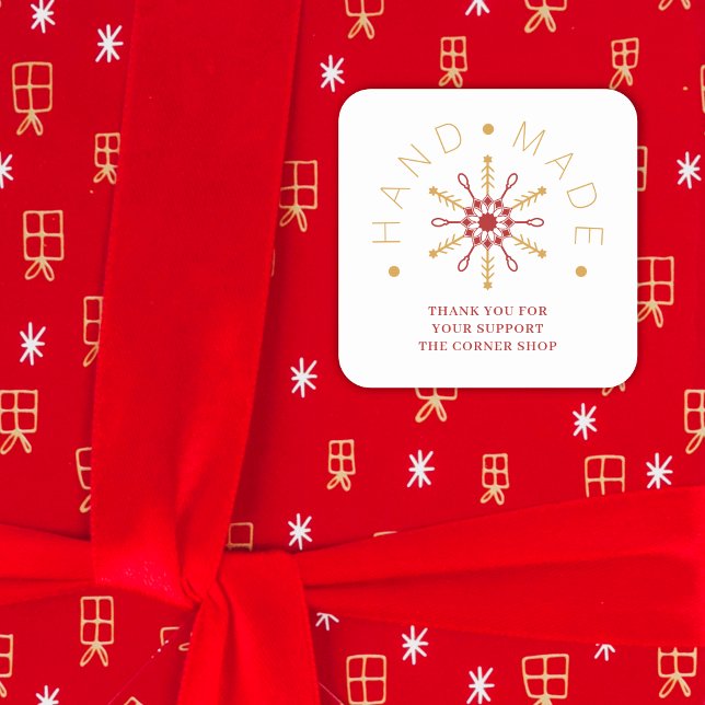 Red & Gold Christmas Modern Snowflake for Business Square Sticker (Red & Faux Gold Christmas Modern Snowflake for Business Square Sticker. )