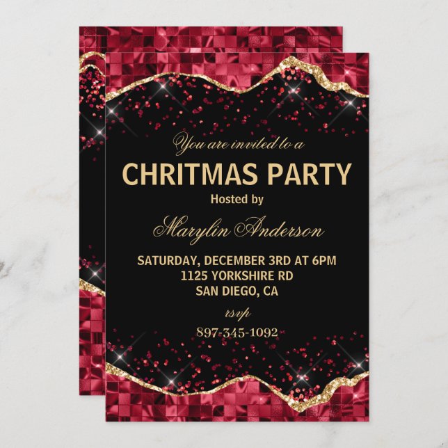 RED & GOLD CHRISTMAS MOSAIC TEARS CUSTOM MONOGRAM INVITATION (Front/Back)