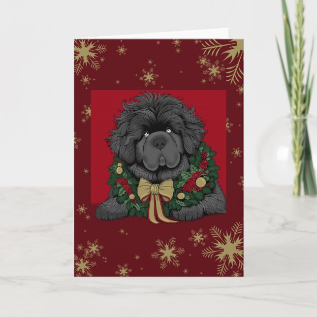 Red Gold Christmas Newfoundland dog puppy snow Holiday Card (Front)