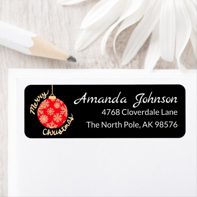 Red Gold Christmas Ornament Black Return Address (Insitu)