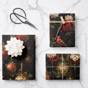 Red Gold Christmas Ornaments and Birds Wrapping Paper Sheet