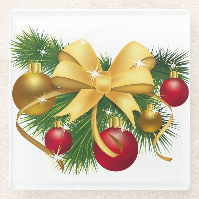 RED & GOLD CHRISTMAS ORNAMENTS & GOLD BOW GLASS COASTER (Front)