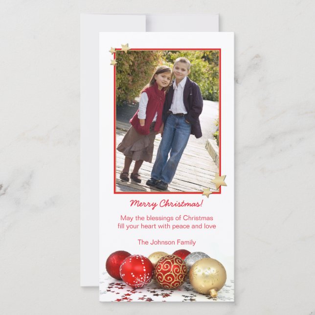 Red & Gold Christmas Ornaments Photo Card Template (Front)