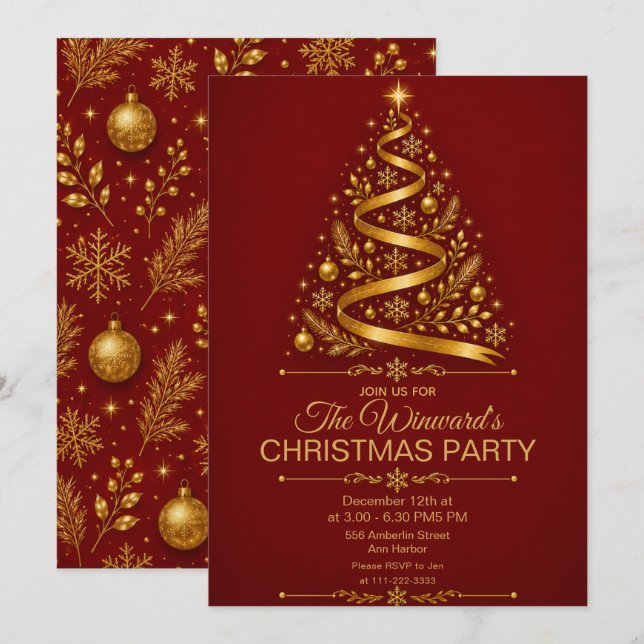 Red Gold Christmas Party Invitation (Front/Back)