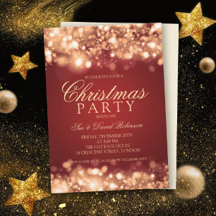 Red Gold Christmas Party Sparkling Lights Invitation