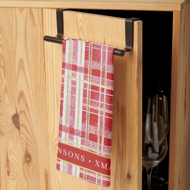 Red Gold Christmas Plaid Pattern#2 ID1009 Tea Towel (Thirds Fold)