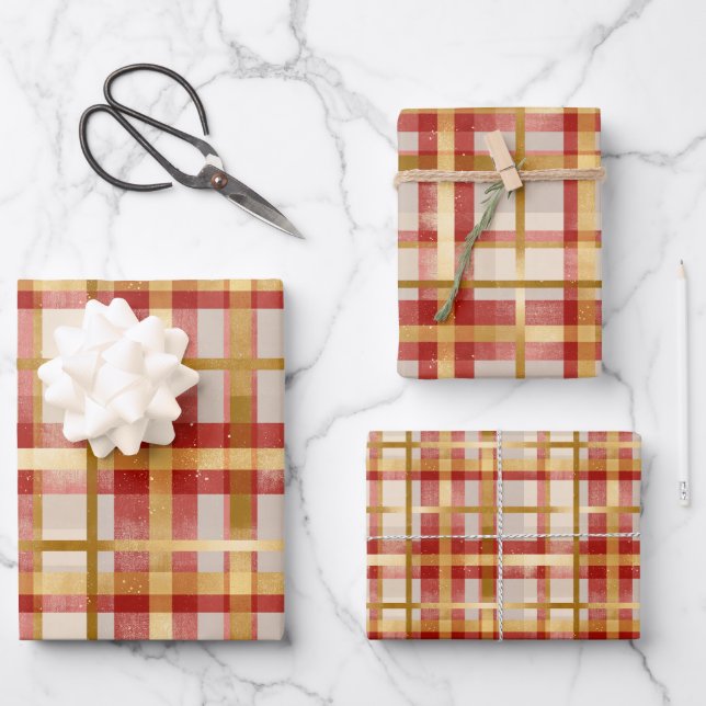 Red Gold Christmas Plaid  Wrapping Paper Sheet (Front)